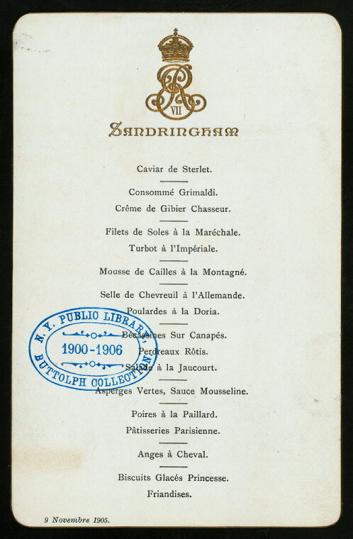 Menu for the birthday dinner of King Edward VII, 1905. 