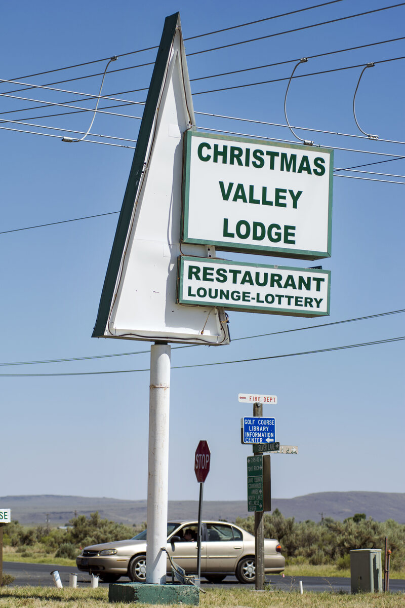 The sign for the Christmas Valley Lodge, which Phillips built. 