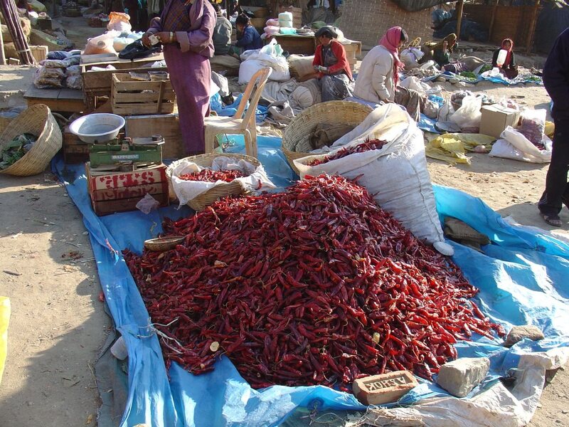 Piles of chillies at Thimpu Market, Bhutan. 