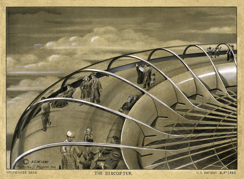 Weygers envisioned large passenger ships with windows all the way around the edge of the disc.