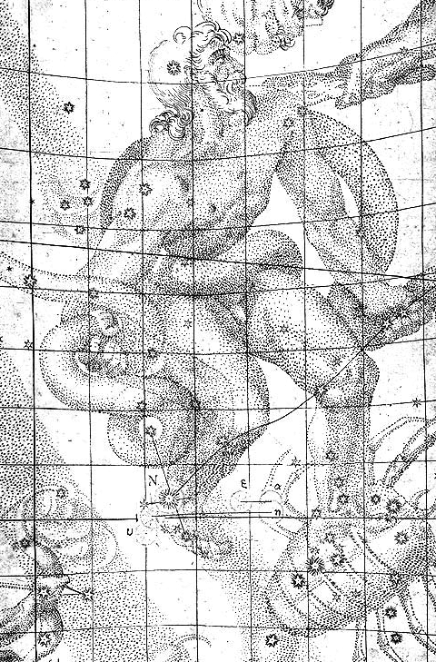 Kepler's drawing of the location of a new star he spotted in 1604. It is marked with a capital "N" located 4 grid squares up and 4 over from the left. 