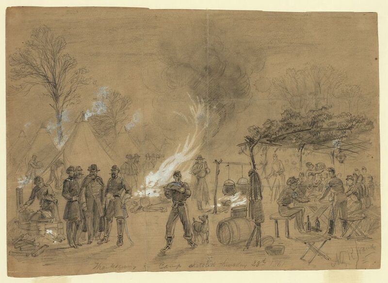 Thanksgiving in Union camp sketched on 28 November 1861, believed to be the camp of General Louis Blenker.