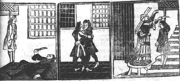 A 1707 broadsheet illustration shows two men embracing. On the left, one cuts his throat when his friend is hanged. On the right, a man is cut down from the gallows.