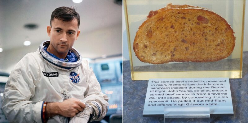 John Young (left) and the corned beef sandwich he took into space (right).