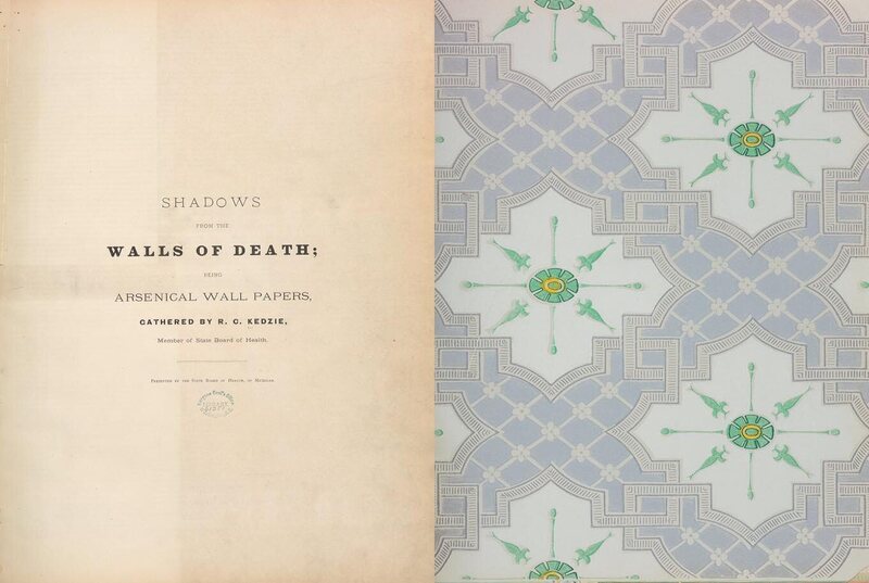 The title page for <em>Shadows from the Walls of Death</em>, and a sheet of wallpaper. 