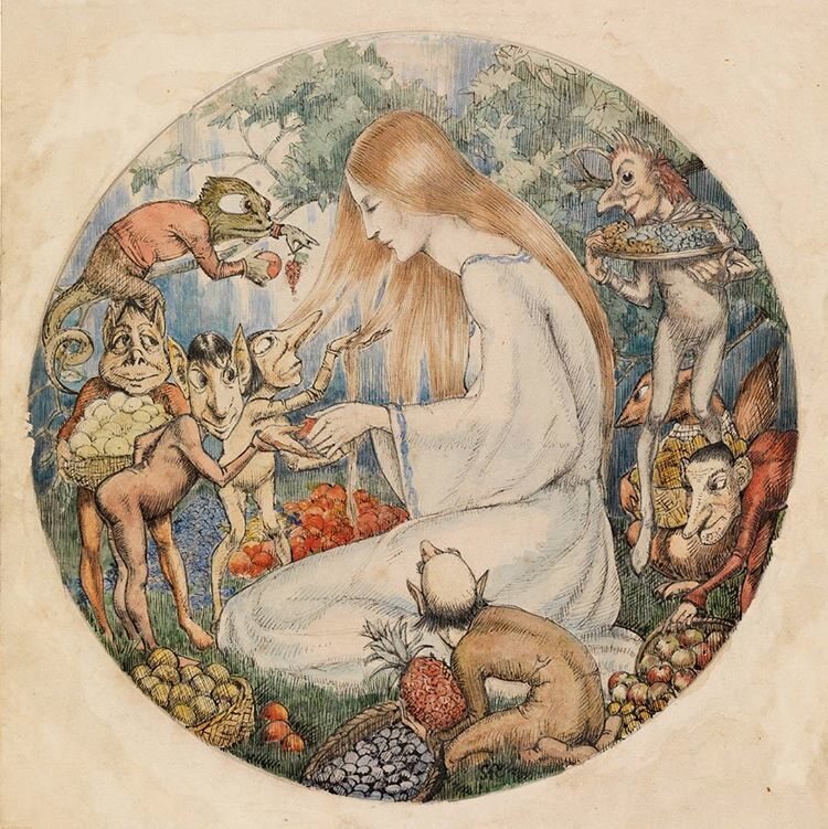 A 1916 illustration to Christina Rossetti's <em&gtGoblin's Market</em> by Winifred Knights. 