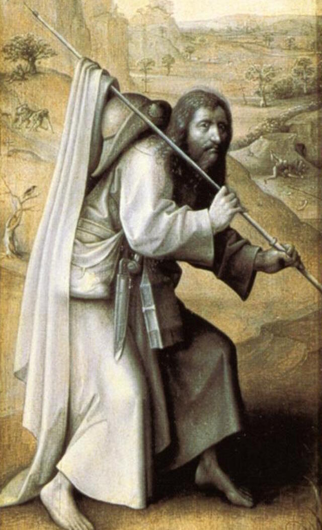 Saint James wears a girdle book in 16th-century  panel by Hieronymus Bosch.
