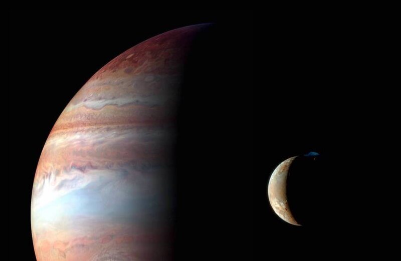 This family portrait of Jupiter and Io, one of its moons, is a montage of images taken by the New Horizons spacecraft in 2007. 