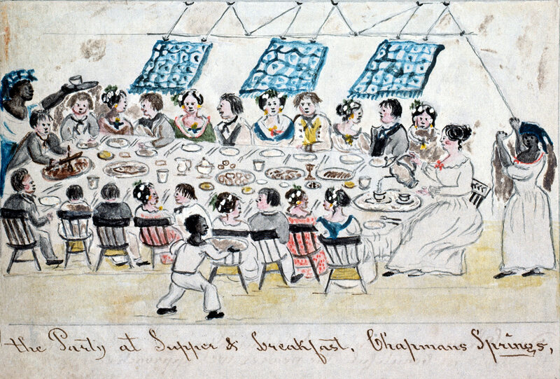 A watercolor drawing depicts a dinner party held in Giles County, Virginia. An enslaved woman and boy serve food and drink, while a third slave controls the punkah fans.