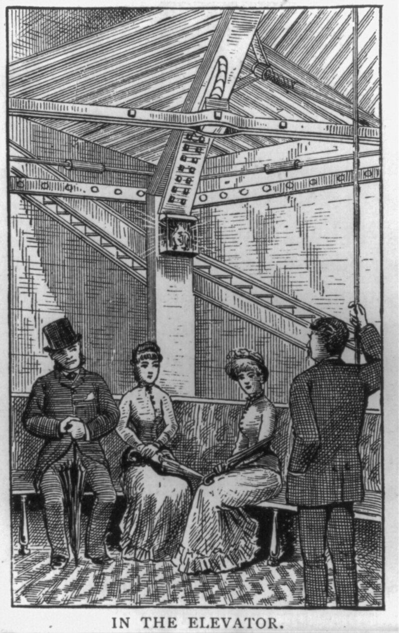 An etching from 1887 shows people in the elevator of the Washington Monument.