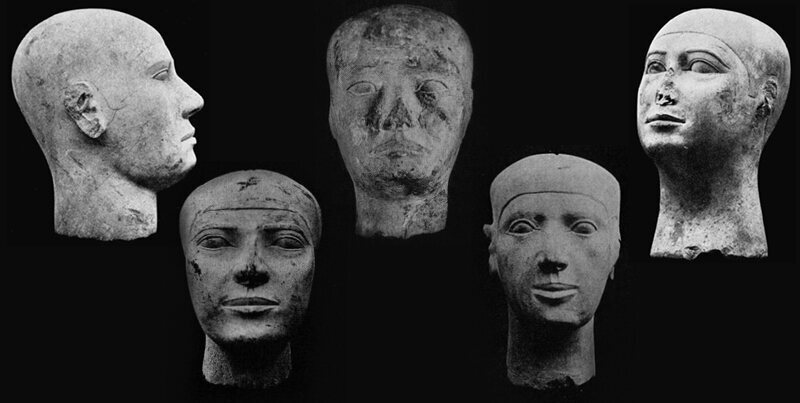 Left to right: Possible brother of Snefrusonb, unknown male, unknown head, Prince Sneferu-seneb, Princess Meritites. 