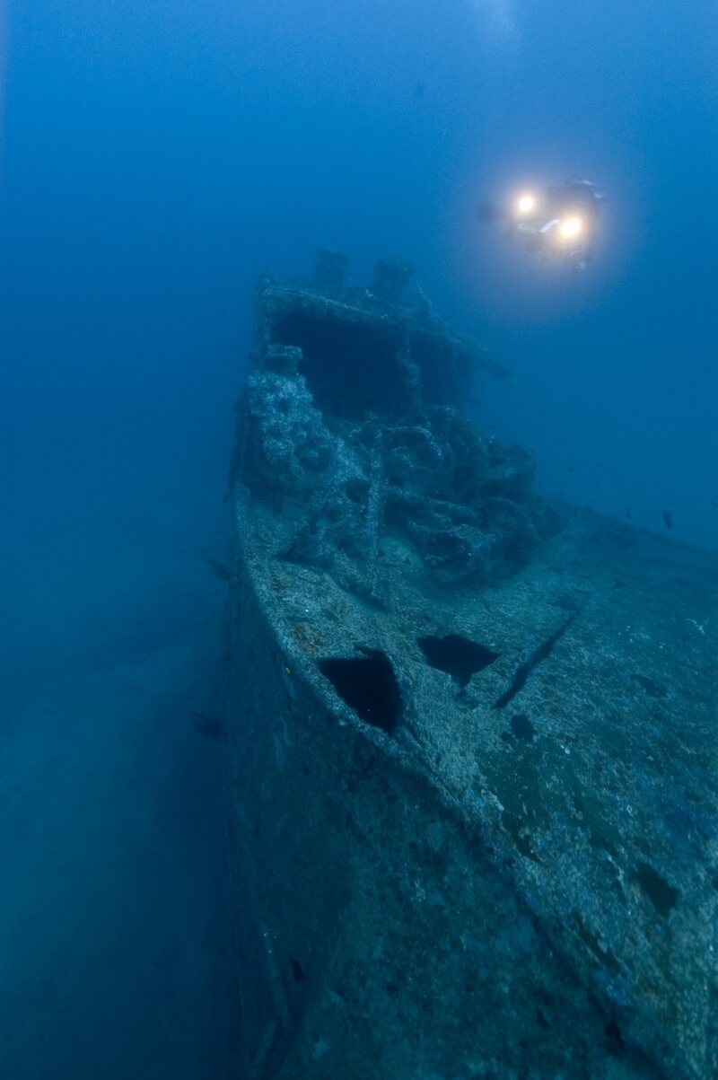 Many wrecks are coated in concretions, which look like cement and can help hold everything together.