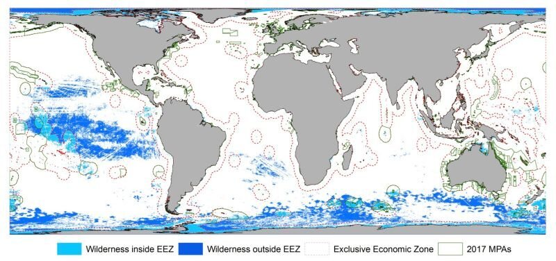 The pockets of unspoiled ocean tend to cluster near the poles or in the southern portions of the Atlantic and Pacific.
