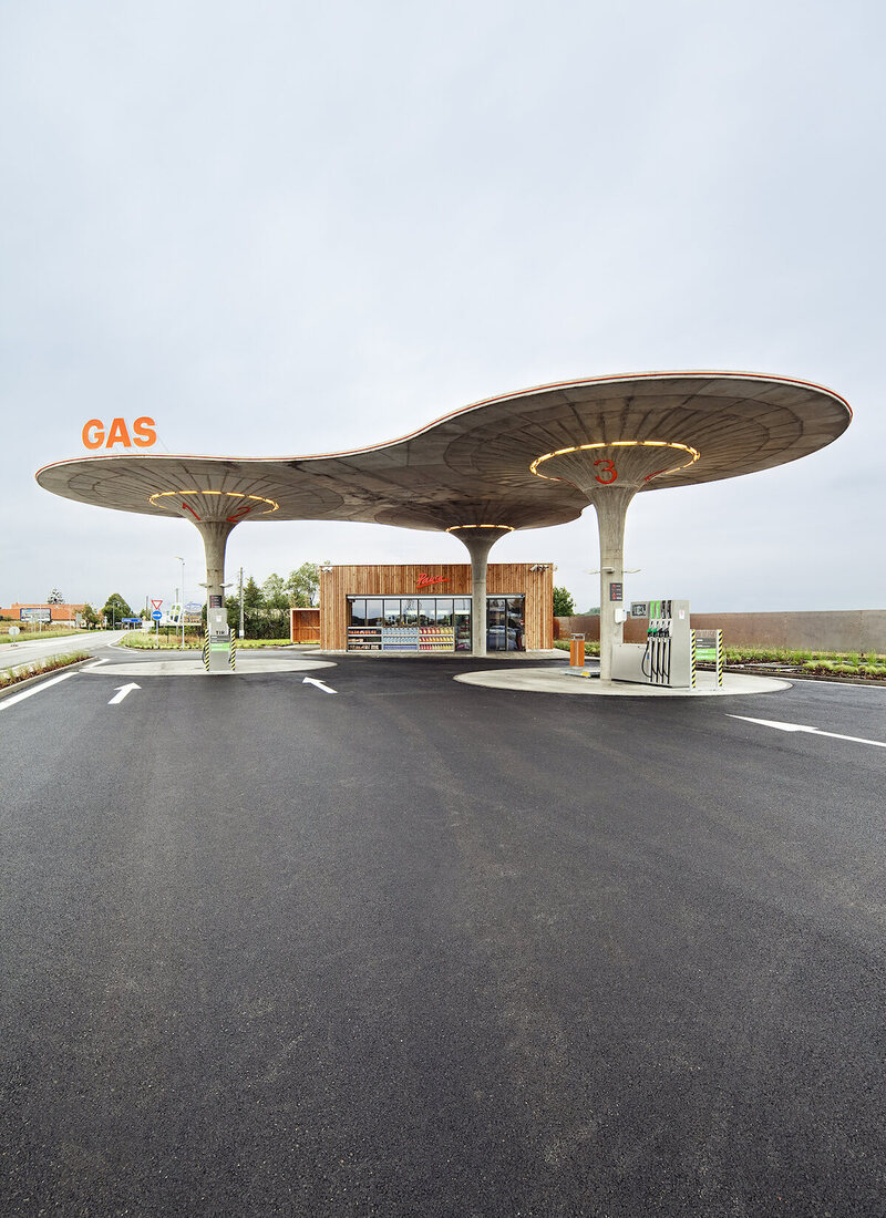 A concrete gas station with spaceship curves in Matúškovo, Slovakia. 