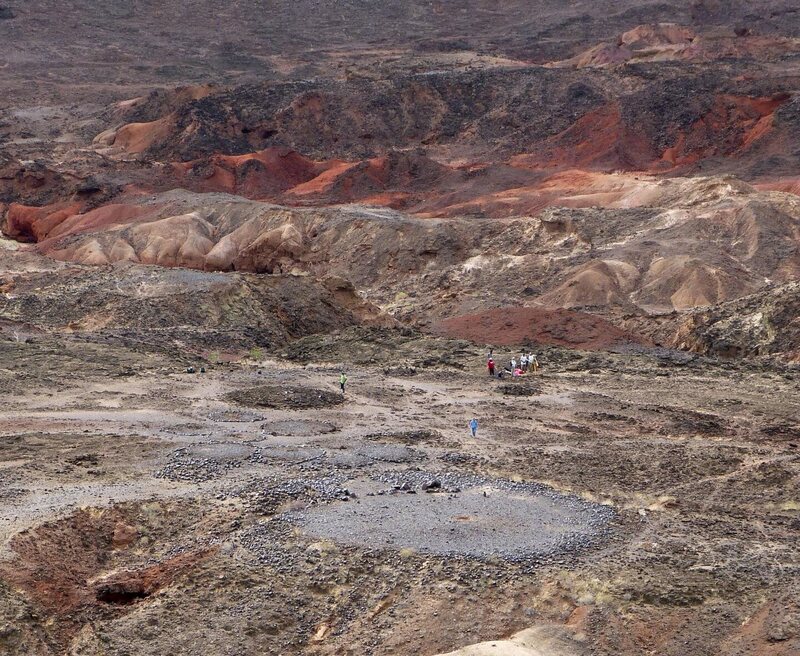 Lothagam North Pillar Site, near Lake Turkana. The large gray circle in the foreground is the burial area.