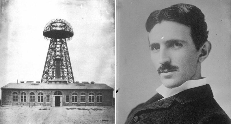 Wardenclyffe wireless station shown in 1904, and a portrait of Tesla, c. 1900. 