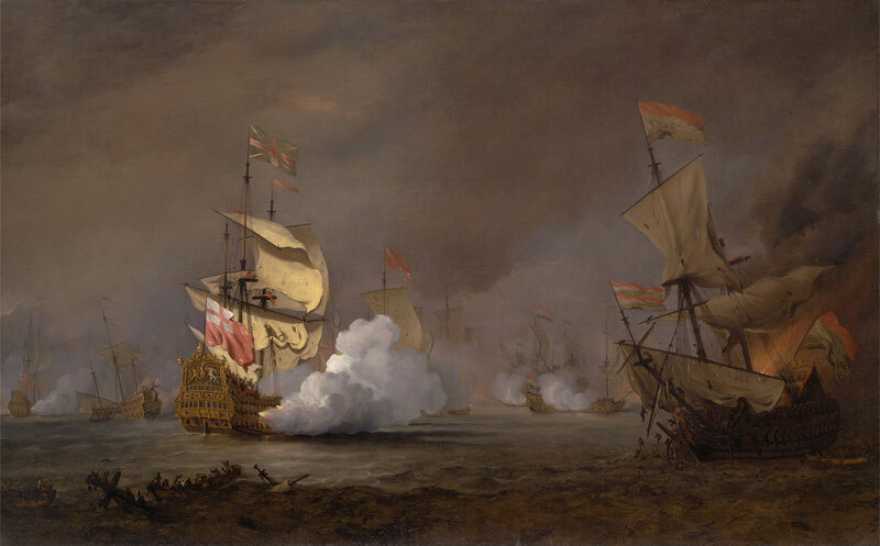 A pitched sea battle during the Anglo-Dutch Wars.