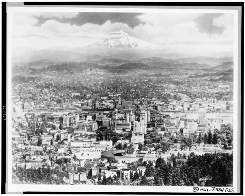 Bird's-eye view of Portland, Oregon, with Mt. Hood in the background.