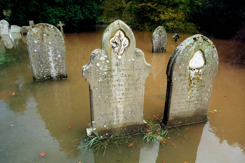 Flooding, seen here in Wales, can exacerbate pollution problems in cemeteries.