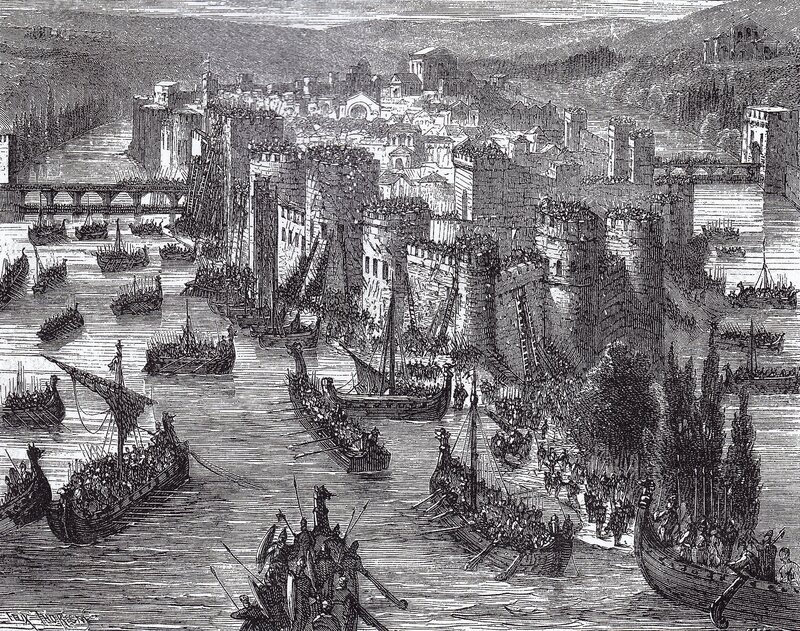 Viking ships besiege Paris, then mostly located on Île de la Cité, in 845.