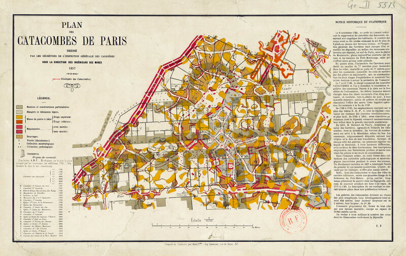An 1857 map of Paris's Catacombs, which have long served as overflow burial grounds.