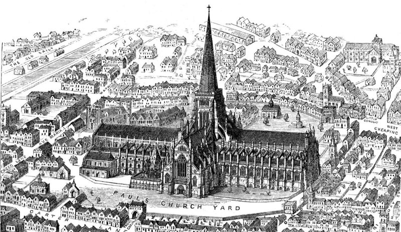 Old St. Paul's Cathedral in London was completed in 1314 and destroyed in the Great Fire of London in 1666. In the early 14th century, religious buildings saw as many murders as taverns. 