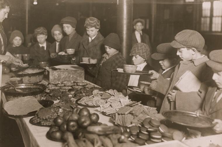 Boys eating school lunch in New York City, 1919.