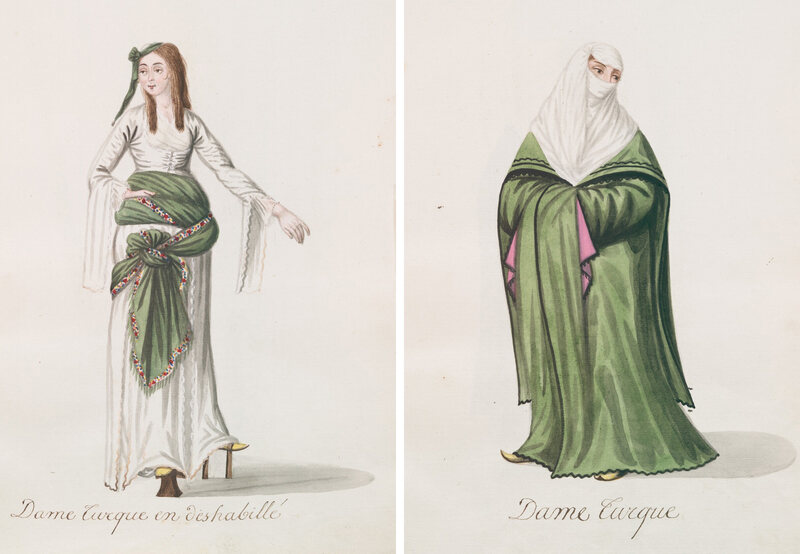 A woman in high-heeled bath shoes, and a veiled Turkish woman showing a glimpse of hair. 