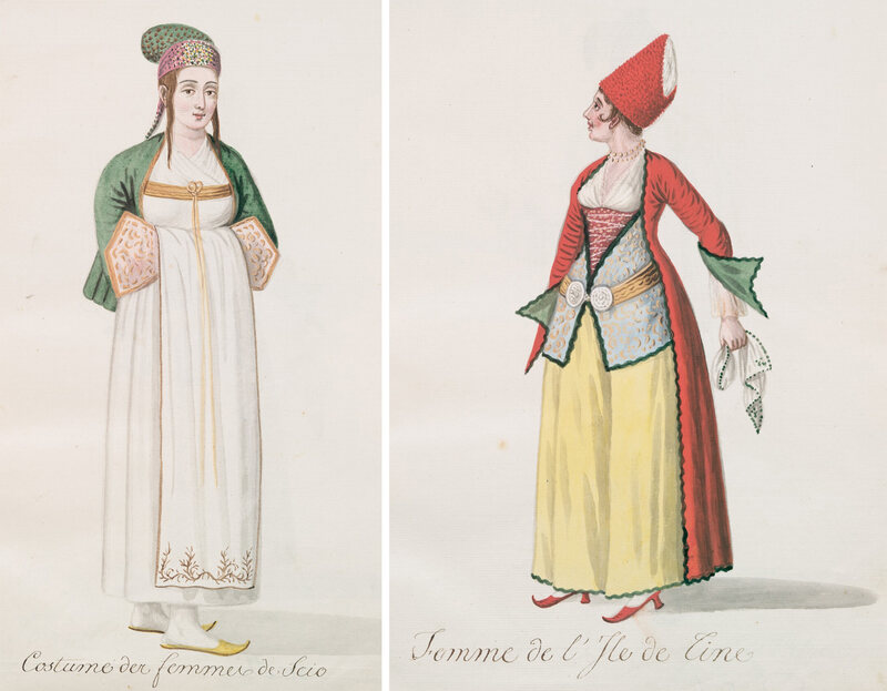 Greek women from the island of Chios and Tinos in their varied threads. 