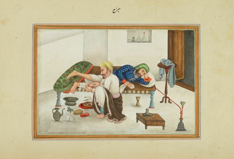 In an image from James Skinner's book on life in India, a surgeon works on the leg of a patient as he takes opium. 