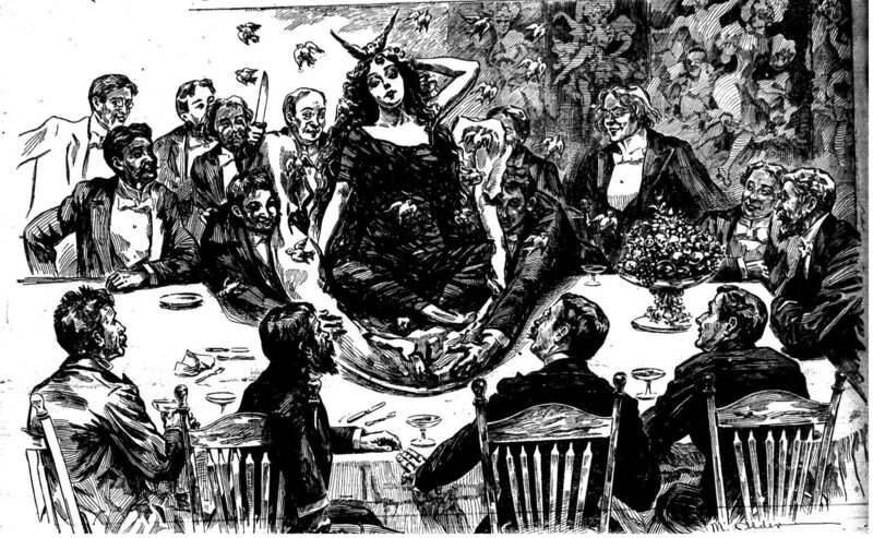 An illustration of the famous Pie-Girl Dinner from <em>The New York World</em>.