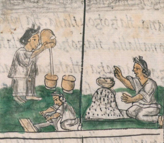 An illustration from a 16th-century Spanish treatise shows indigenous American women making hot chocolate.