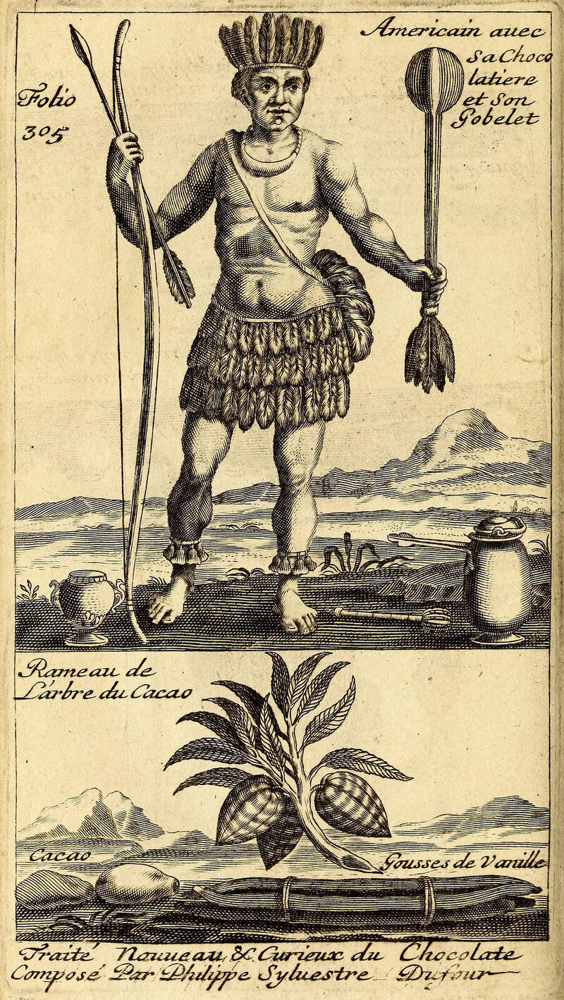 A 1671 French treatise includes a drawing of an indigenous man, a cacao plant, and chocolate-making equipment. 