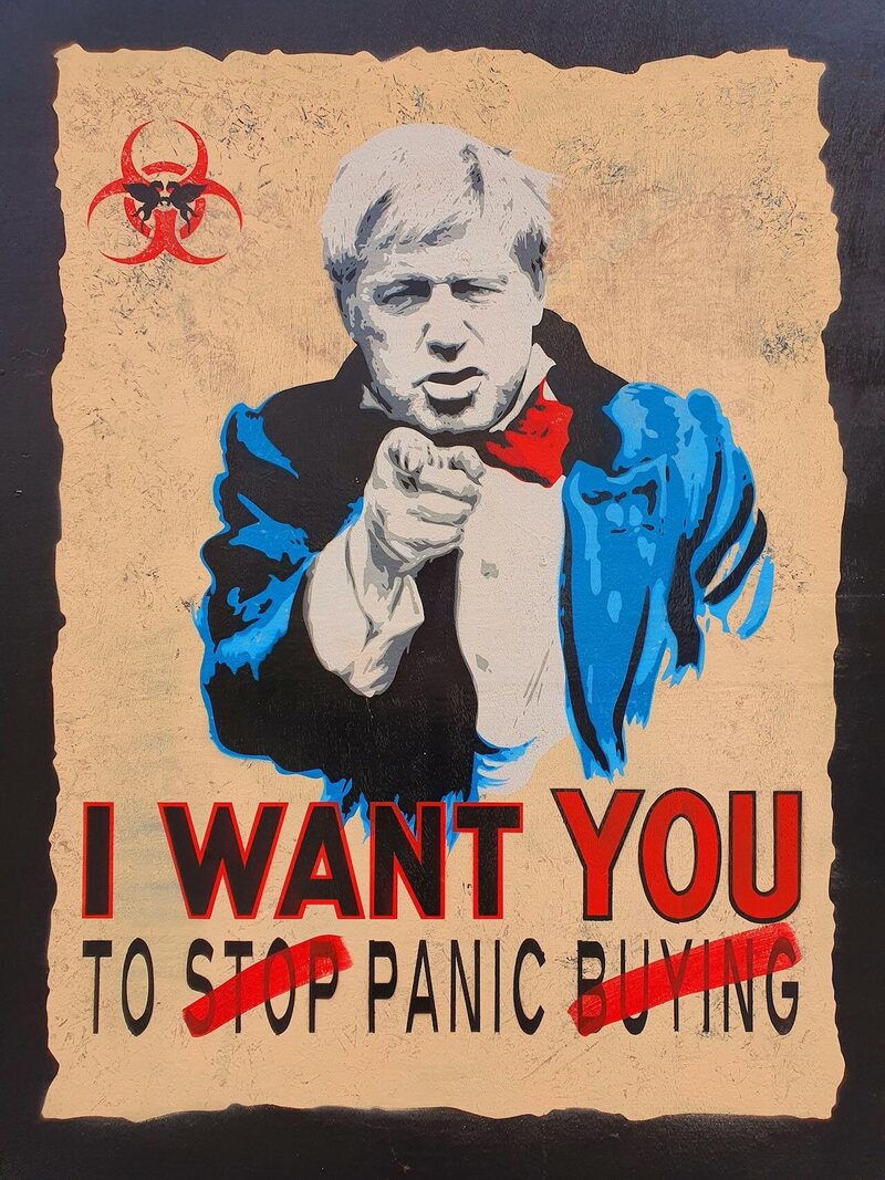 Street artist Pegasus depicted Boris Johnson in Shoreditch, London, March 17, 2020.