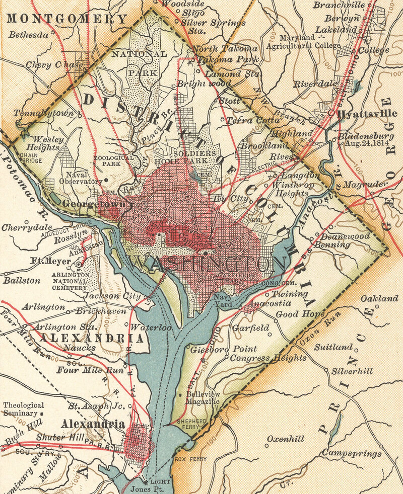 a map of the District of Columbia, circa 1900, from the 10th edition of Encyclopaedia Britannica, shows its current contours. um mapa do Distrito de Columbia, por volta de 1900, a partir da 10ª edição da Encyclopaedia Britannica, mostra seus contornos atuais. Universal Imagens Group North America LLC / Alamy