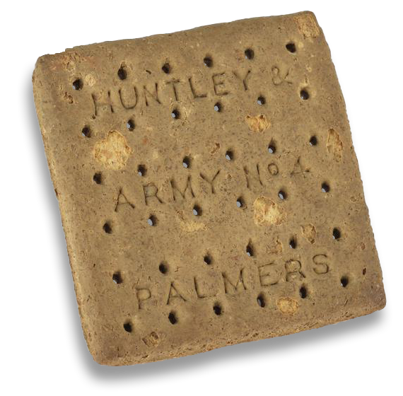 A British Army ration biscuit, also known as hardtack, made by Huntley and Palmers. 