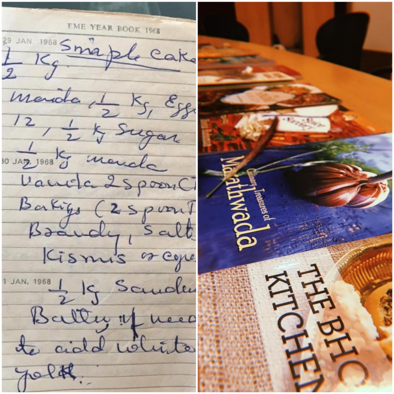 A handwritten recipe sourced by the students (left) and cookbooks consulted (right).