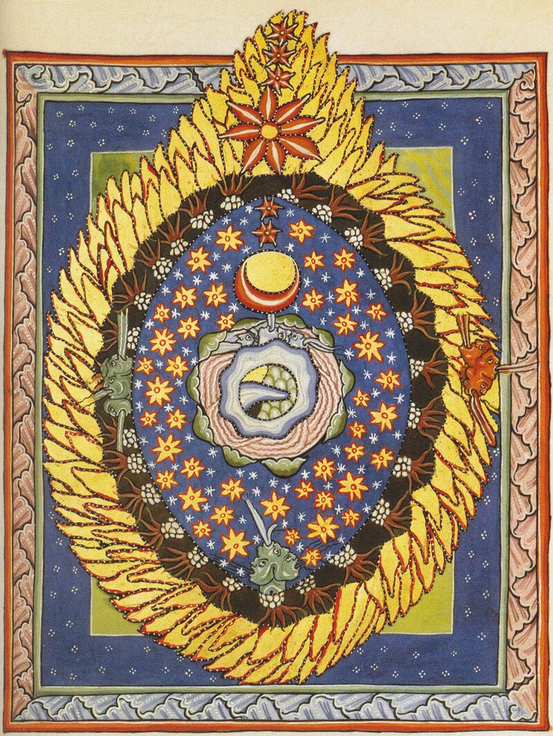 A depiction of the "cosmic egg" of the universe, encircled by the flames of God's love, from one of Hildegard's books on her visions.