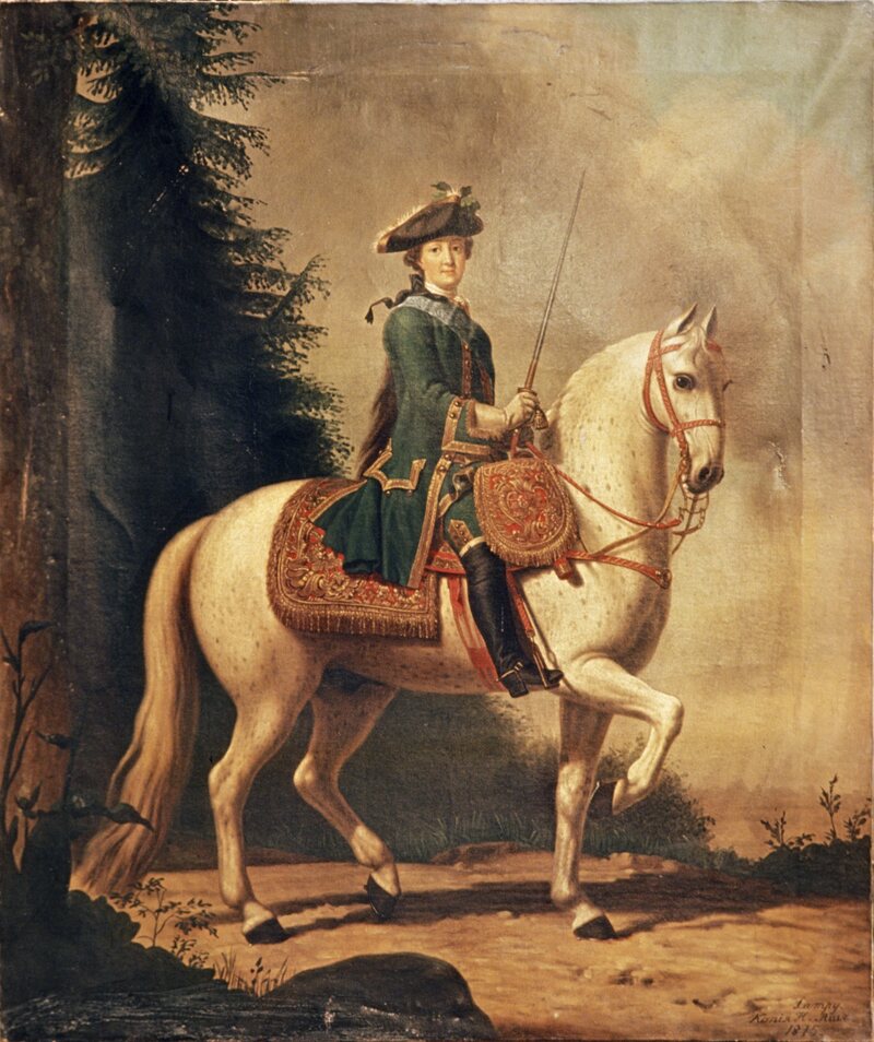This 1762 painting depicts Catherine the Great in a traditionally male guard uniform that she triumphantly donned following her coup. 