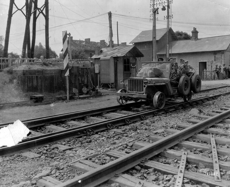 Jeep on the train tracks in France during WWII