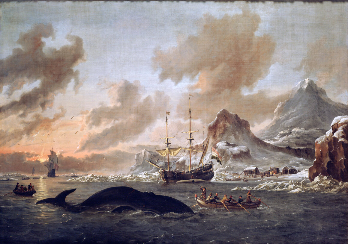 Abraham Storck's 1690 painting, "Dutch Whalers Near Spitsbergen," captures the cruelty and peril of the whaling industry in the remote Arctic.