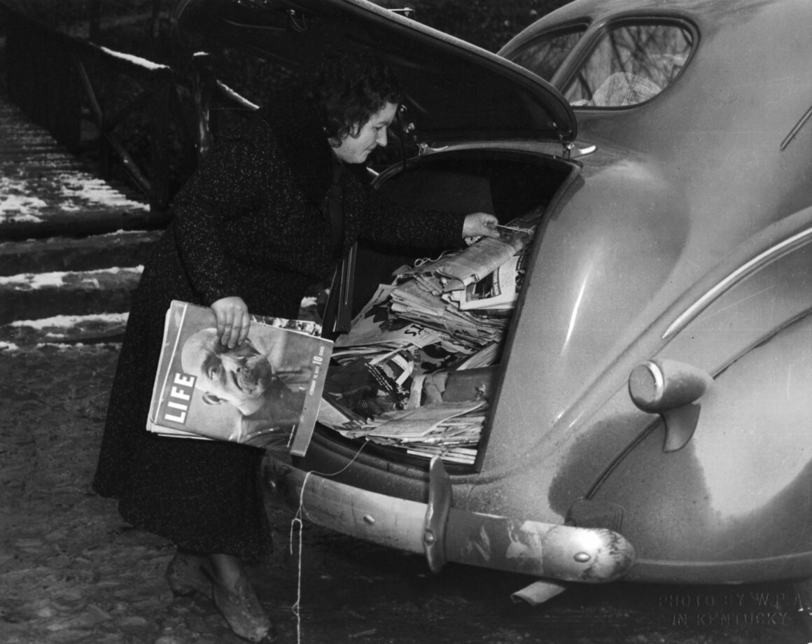 A trunk full of donated magazines, c. 1940. 