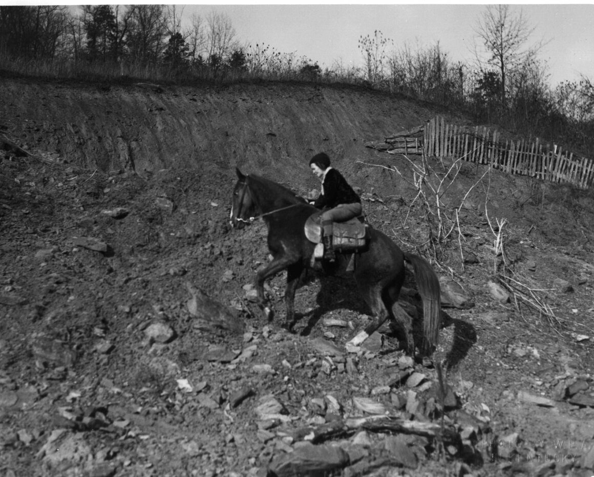 "Sometimes the short way across is the hard way for the horse and rider but schedules have to be maintained if readers are not to be disappointed. Then, too, after highways are left, there is little choice of roads," c. 1940. 