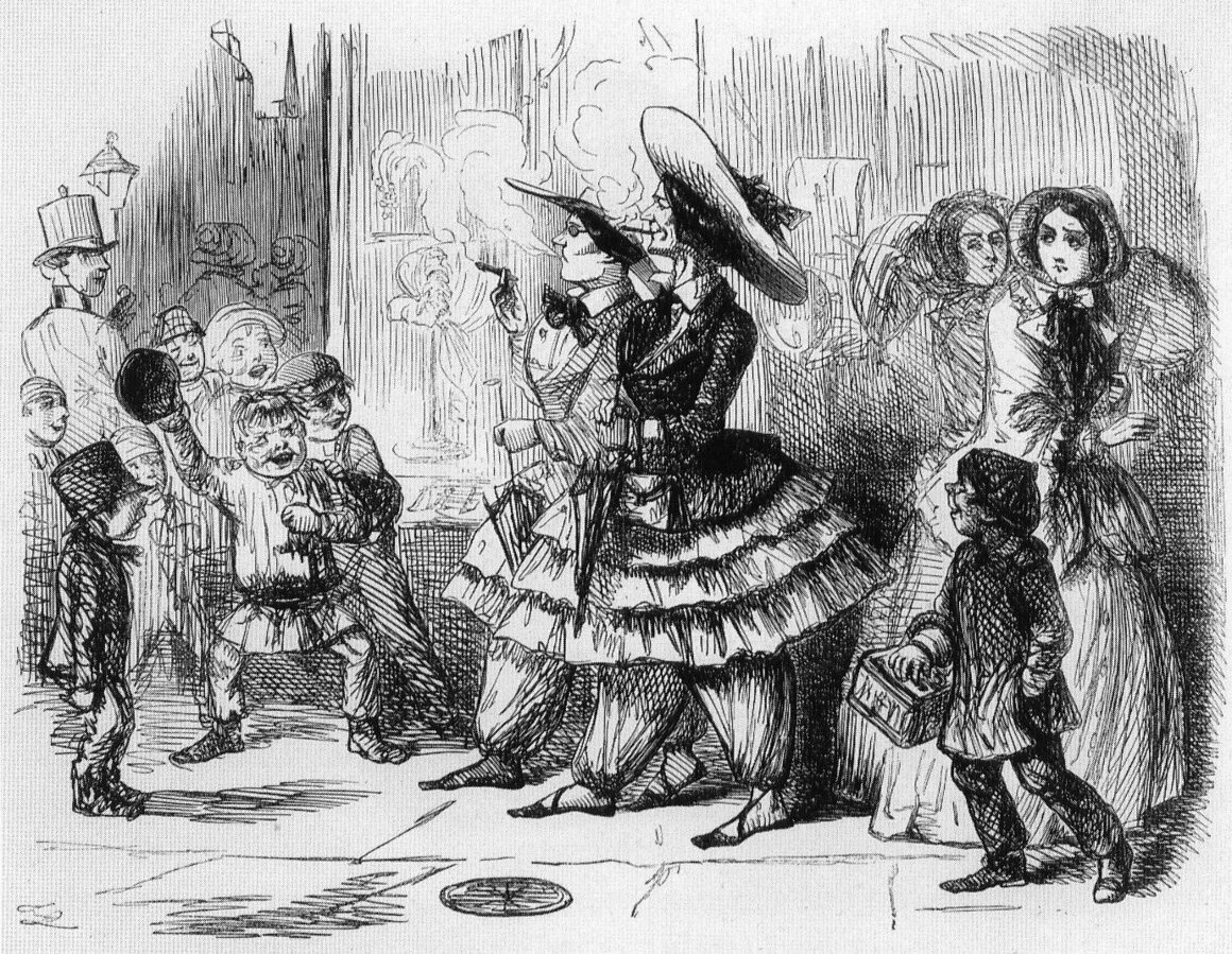 An 1851 <em>Punch</em> caricature shows women in bloomers smoking equally shocking cigarettes.