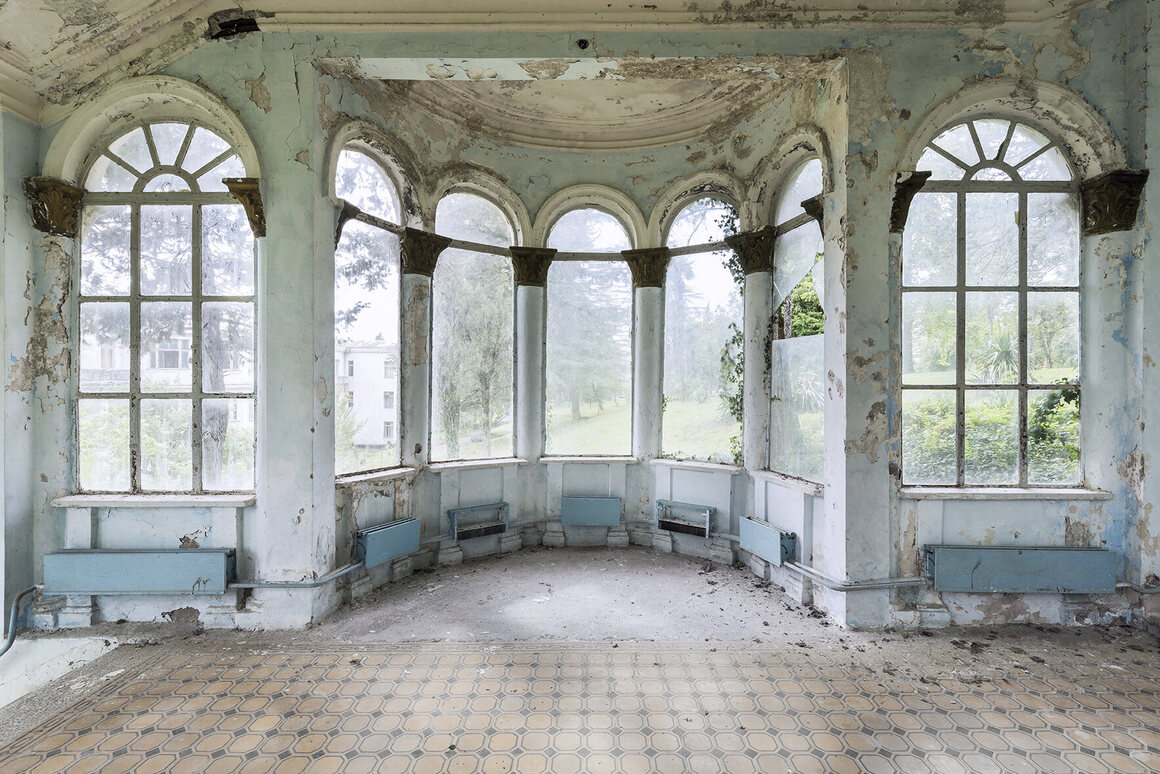 The blue boxes on the wall of this sanatorium in Georgia were part of the heating system, allowing views of the magnificent gardens during winter.
