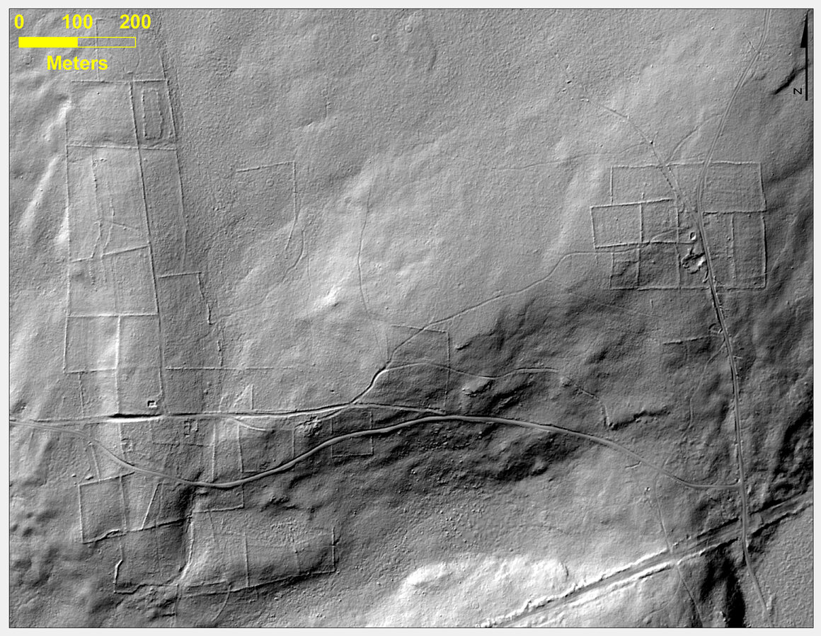 A lidar image showing the hidden walls beneath a forest in Eastford, Connecticut. 