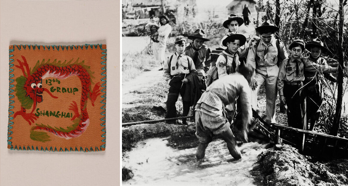 From left: Boy scout troop badge; Jewish boy scouts in China watch the watering of ricefields.