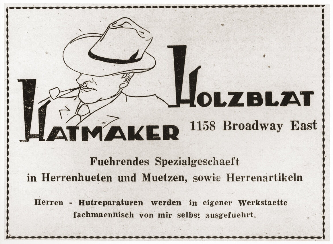 Advertisement for the "Holzblat Hatmaker," a Jewish refugee-owned hat and accessory shop for men in Shanghai.