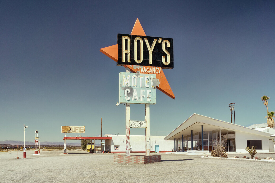 The ghost town of Amboy, in the desert heat of California, still has a functioning gas station for those passing through Route 66.
