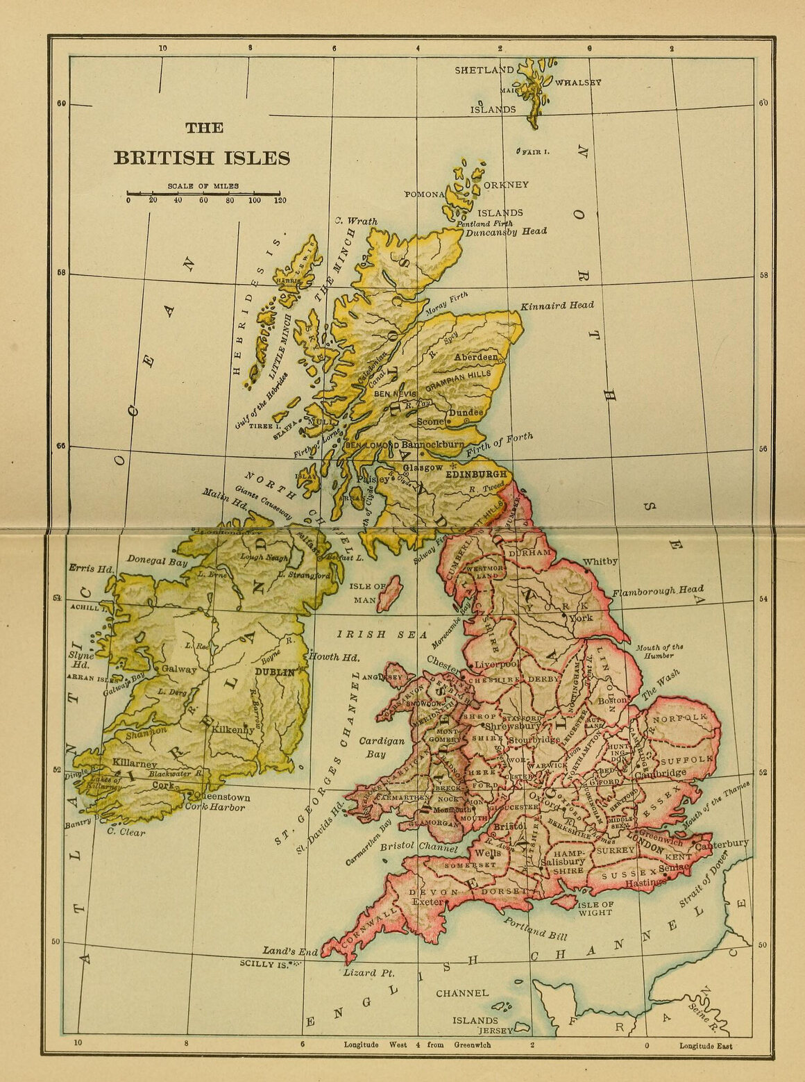 A 19th-century map of the British isles.